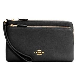 Coach Double Zip Wallet C5610 Black Pebbled Leather Women Wristlet Phone Pocket